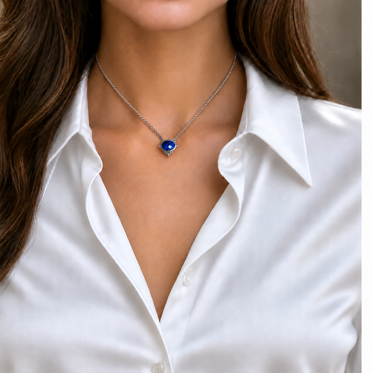 Model draagt de handgemaakte zilveren ketting met blauwe lapis lazuli hanger voor een elegante look