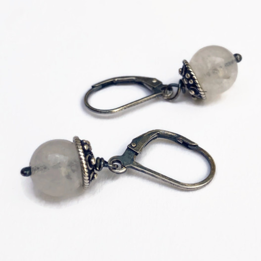 Silver men's earrings with Moonstone, hook earrings for men