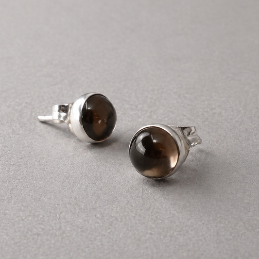 Men's silver stud earrings with smoky quartz