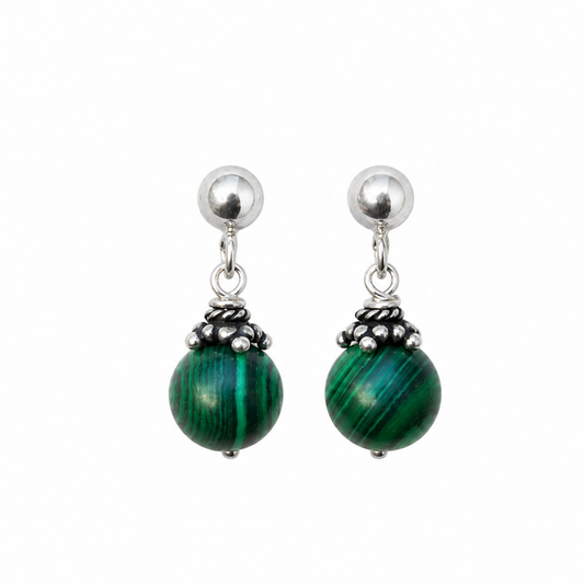 Men's Silver Stud Earrings with Malachite – Handmade Earrings