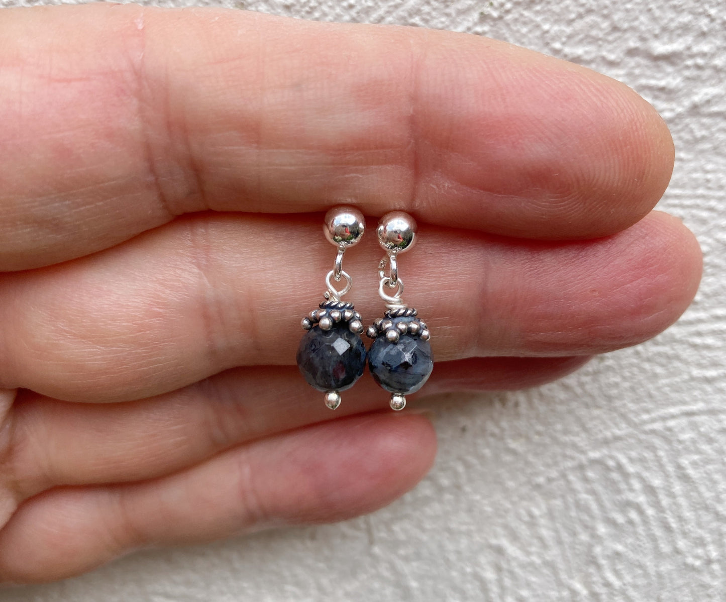 Male silver stud earrings with Spectrolite